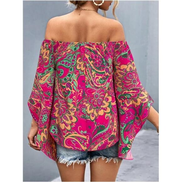 Women's Y2K Floral Off Shoulder Blouse Boho Shirt - Picture 2 of 6